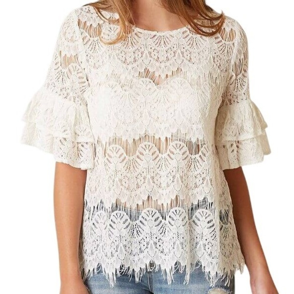 Express Ivory Ruffle Tiered Laceβ Off Shoulder Boho Peasant Top Size Large